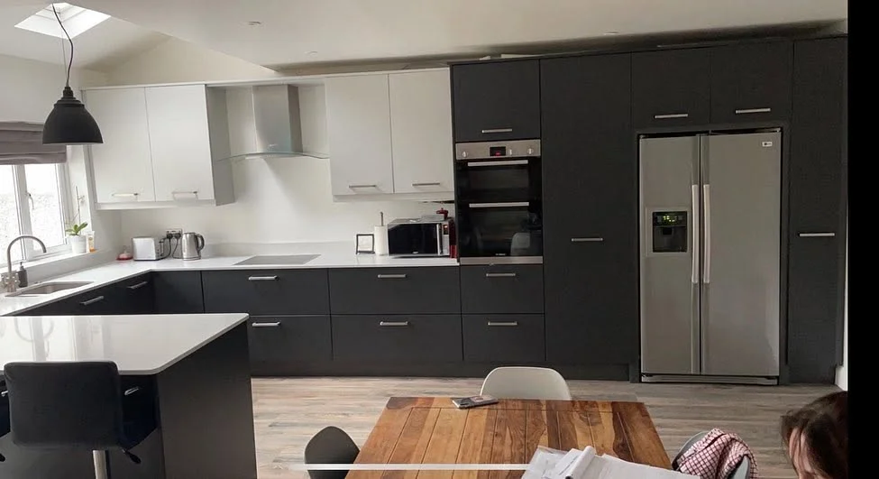 Two-tone kitchen with island seating